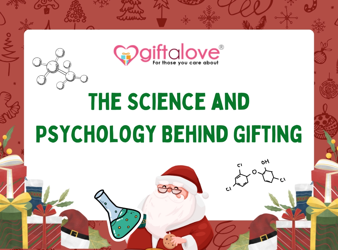 Santa with chemicals and text: "The Science and Psychology Behind Gifting."