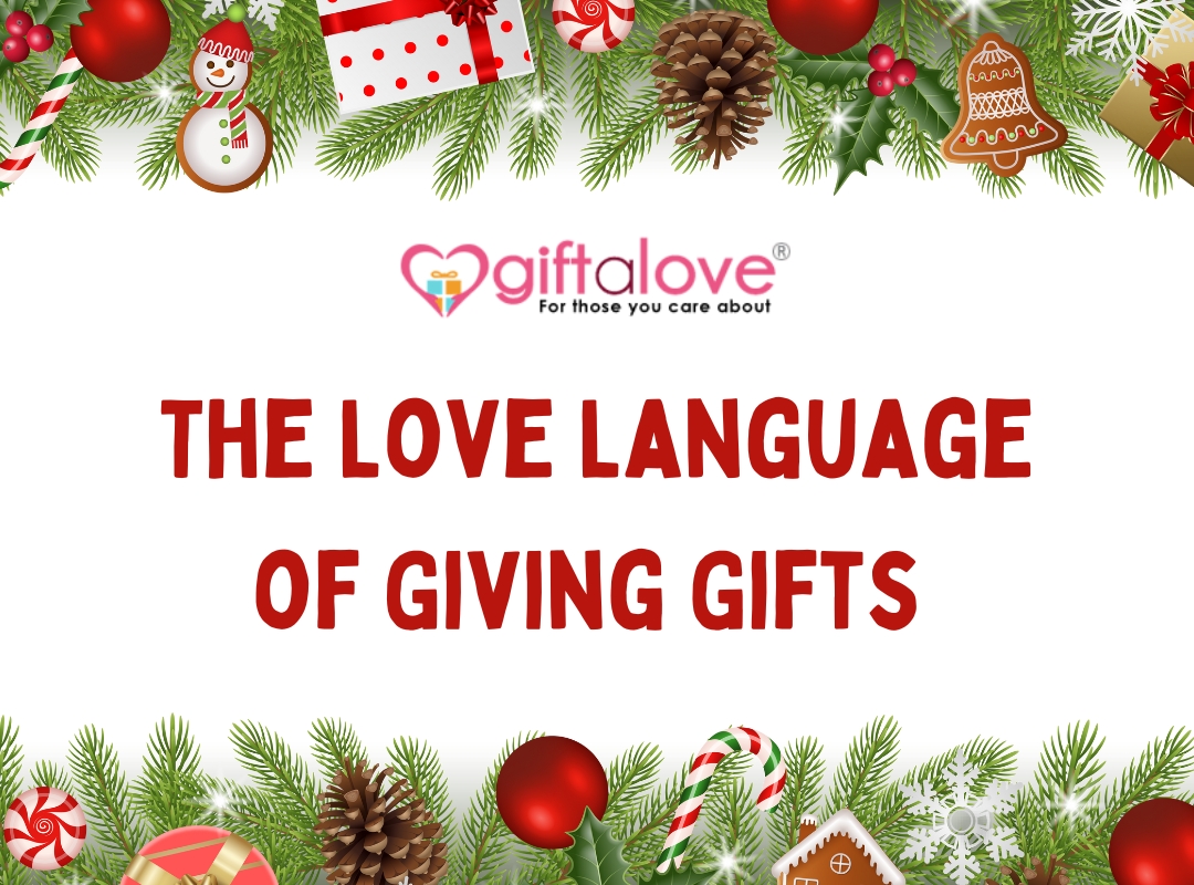 Christmas border with snowman, pine, candy canes surrounding "The Love Language of Giving Gifts